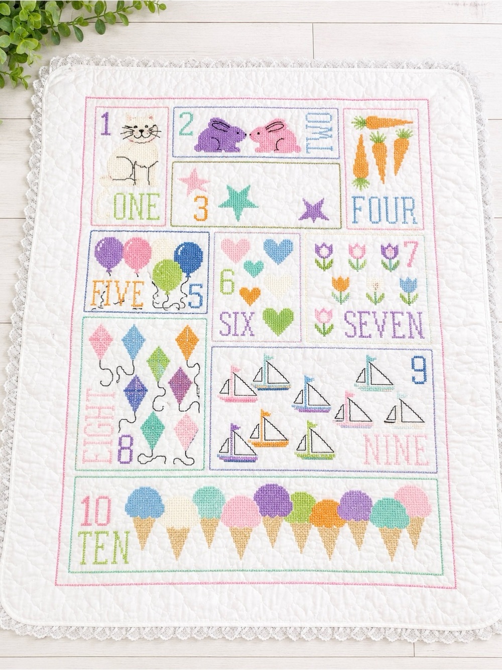 Vintage Handmade Cross Stitch Counting Baby Quilt Wall Hanging Sampler